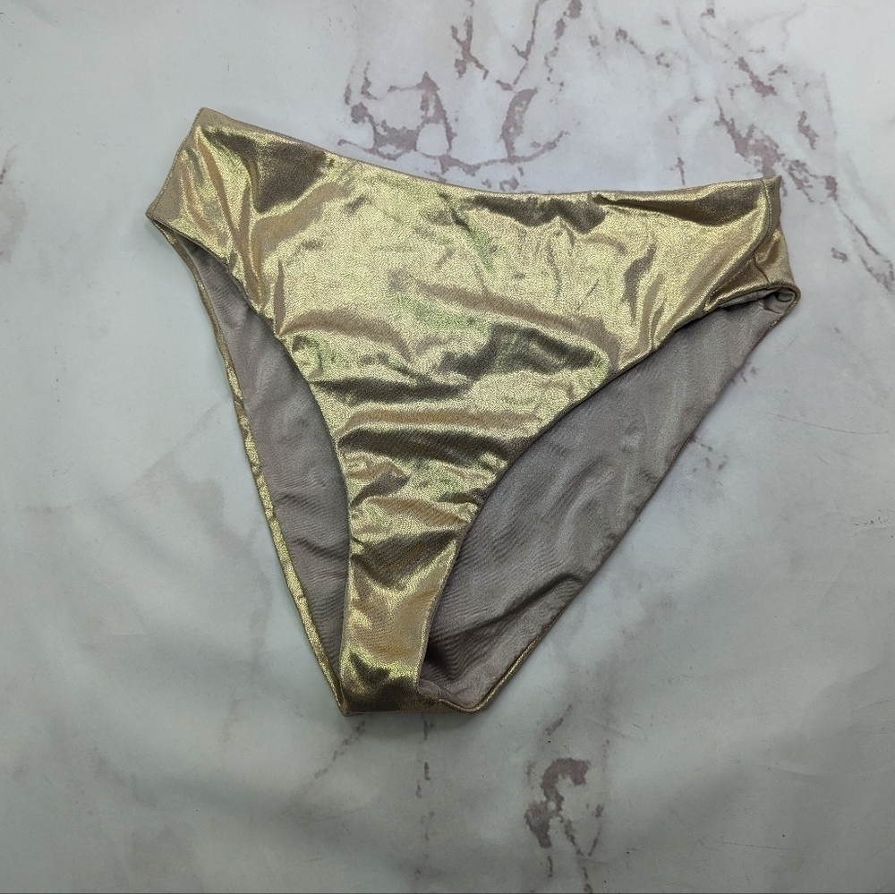 Good American Swim Bottom Women 4 XL Foil High Rise Waist Bikini Metallic Gold